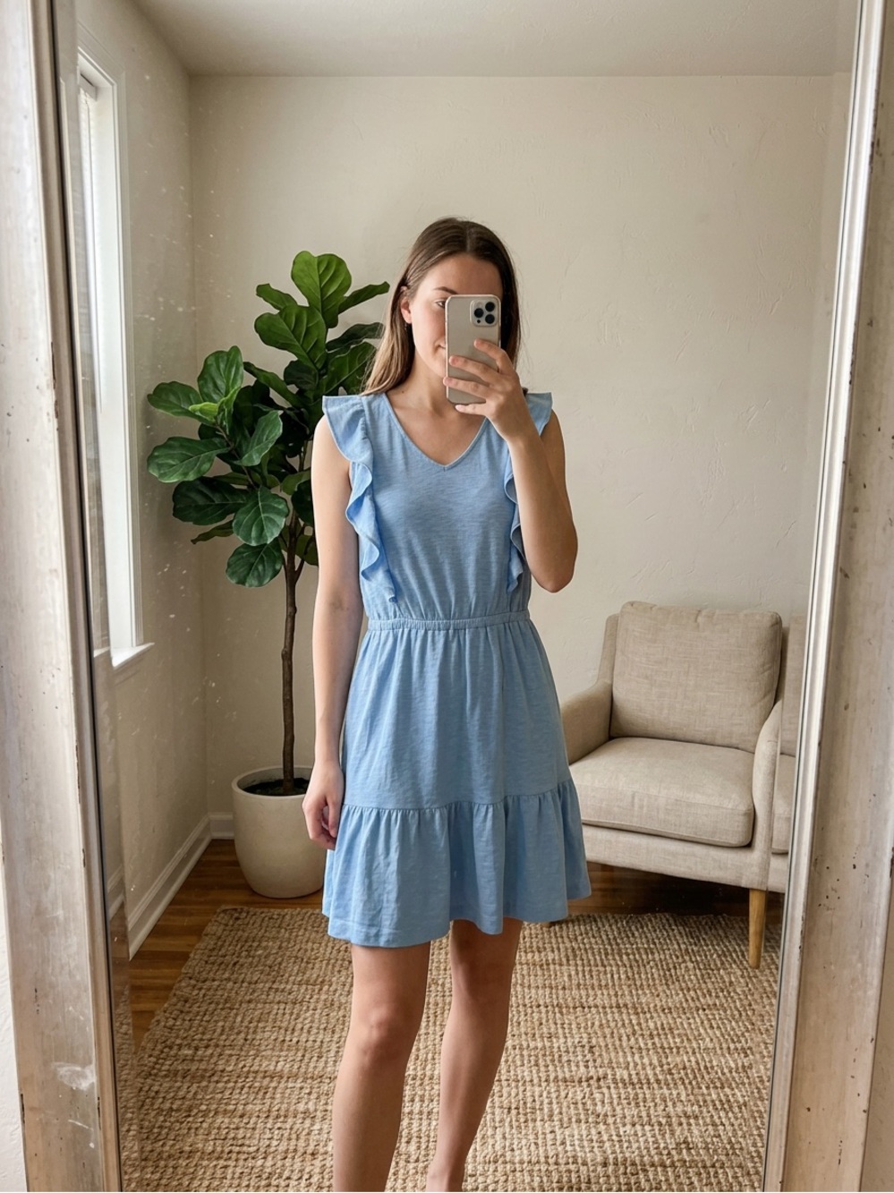 Ann Taylor LOFT Sky Blue Ruffle Tiered V-Neck Sleeveless Sun Dress Cotton Sz S